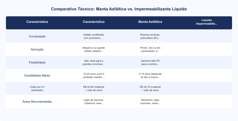 Diagrama técnico: Impermeabilizante: Manta Asfáltica vs. Líquido para Laje, Banheiro e Área de Lazer (NBR 9575)